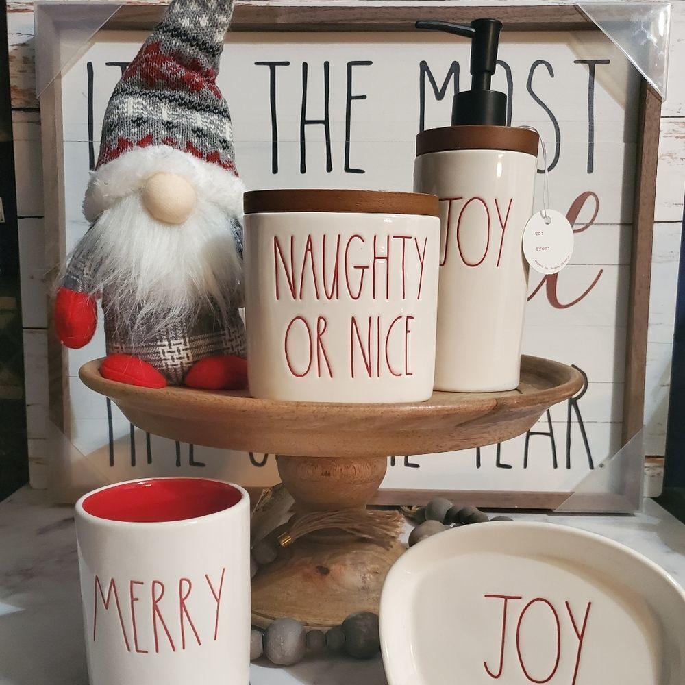 Rae Dunn Christmas 4 Piece Bathroom Decor Soap Pump Soap Dish Cup Brush Holder